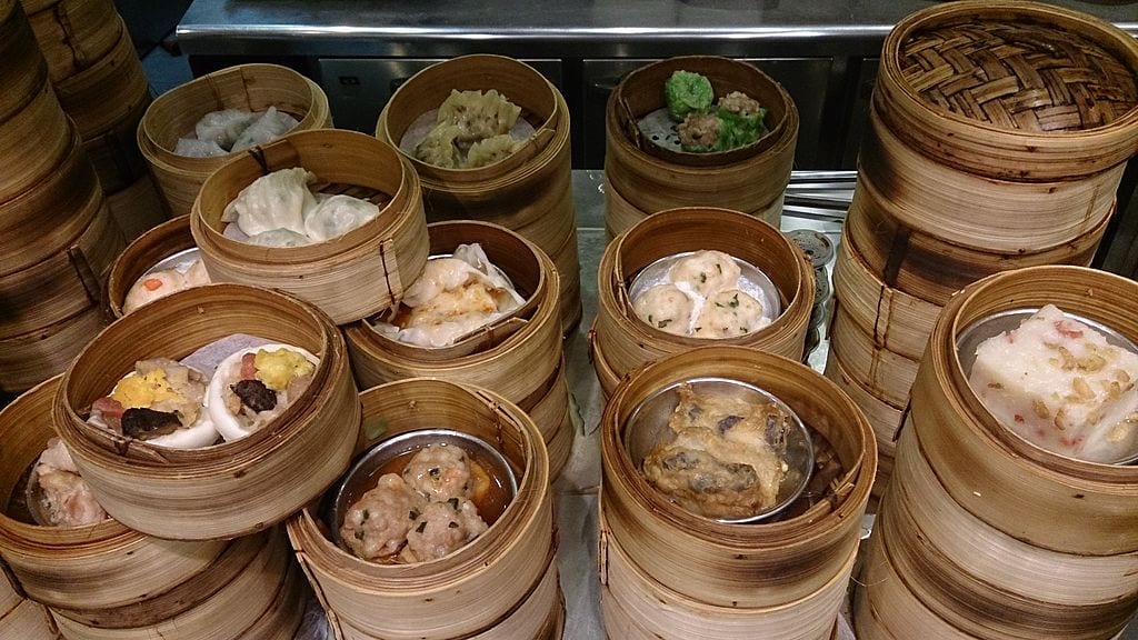 Dim sum, served in bamboo steamers, sold at a food court in Singapore, creative commons licensed (BY SA 3.0) by ProjectManhattan https://commons.wikimedia.org/wiki/File:Dim_sum.jpg